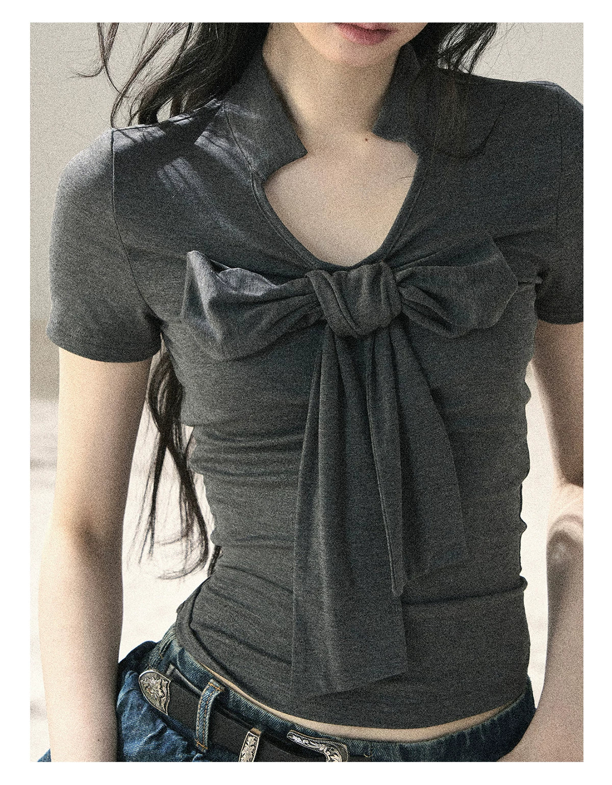 "Breeze Through the Bow" Slate Gray V-Neck Crop Top