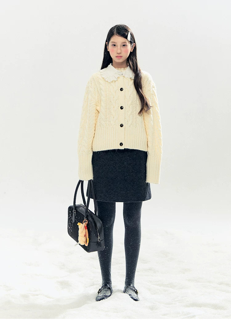 "Cotton Mousse" Cable Knit Cardigan with Detachable Ruffle Collar (Cotton Blue/ Soft White)