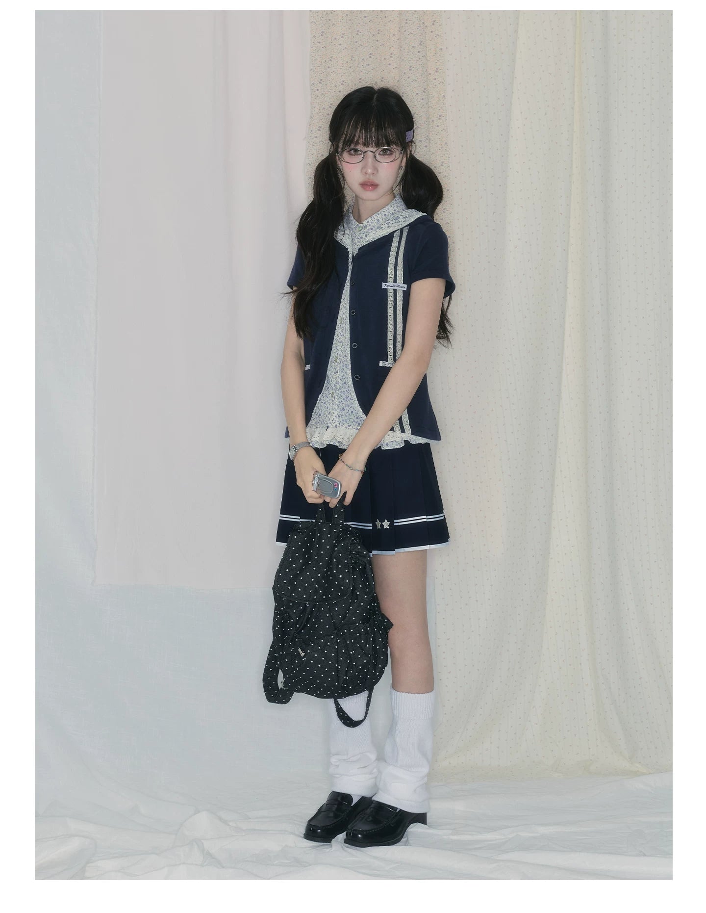 "Midnight Blossom" Vintage Floral Collection (Sleeveless Blouse / Hooded Cardigan / Box Pleated Skirt)