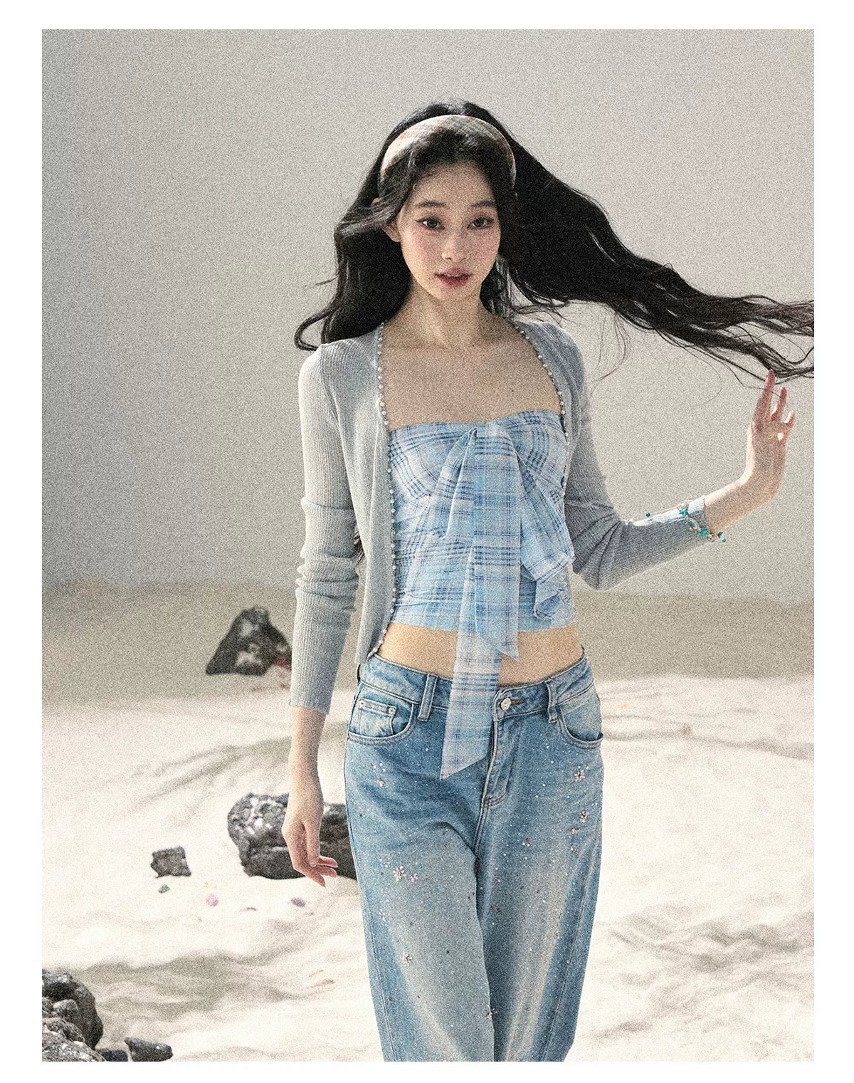 "Blue Danube Reverie" Mist Blue Bow Bandeau Crop Top & Cardigan Set 54638463