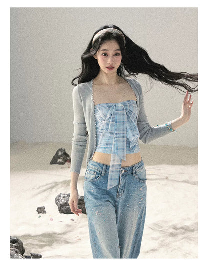 "Blue Danube Reverie" Mist Blue Bow Bandeau Crop Top & Cardigan Set 54638463