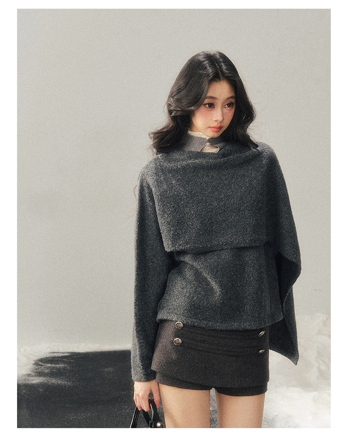 少也眼 "When Clarity Falls" Dusk Gray Layered Shawl Knit Sweater