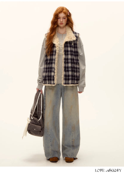 ASGONY - Reversible Plaid & Faux Fur Stand-Collar Vest