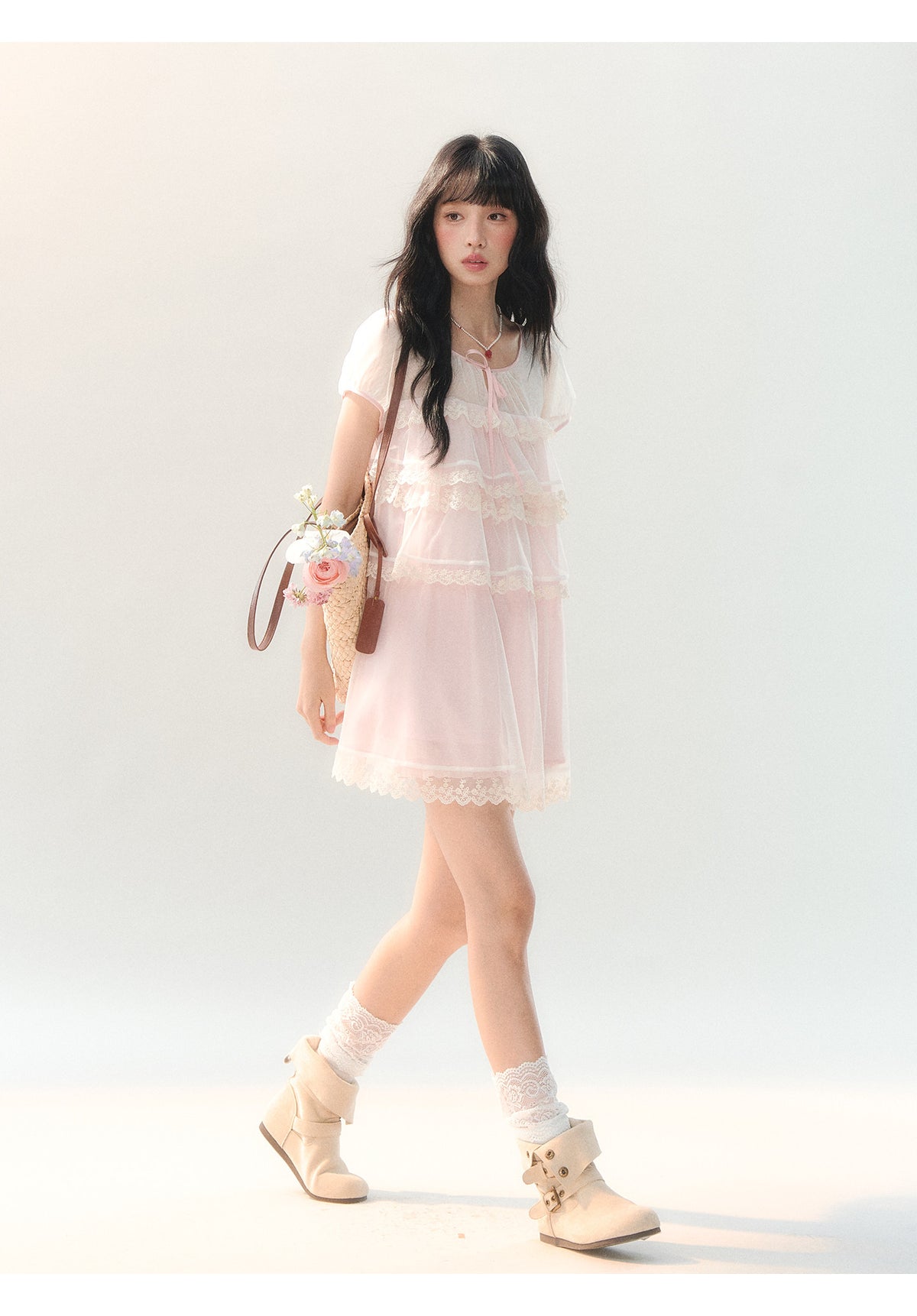 [CAN] "Peach Mist Sorbet" Pink Lace Chiffon Dress Set
