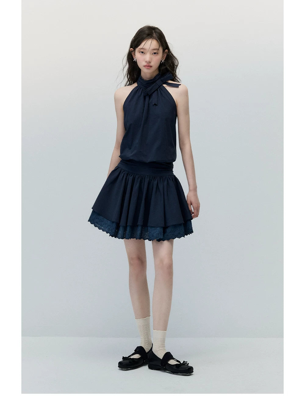 Navy Blue Bow-Tie Halter Dress with Double-Layer Lace Hem
