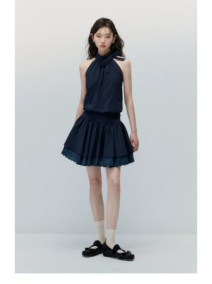 Navy Blue Bow-Tie Halter Dress with Double-Layer Lace Hem