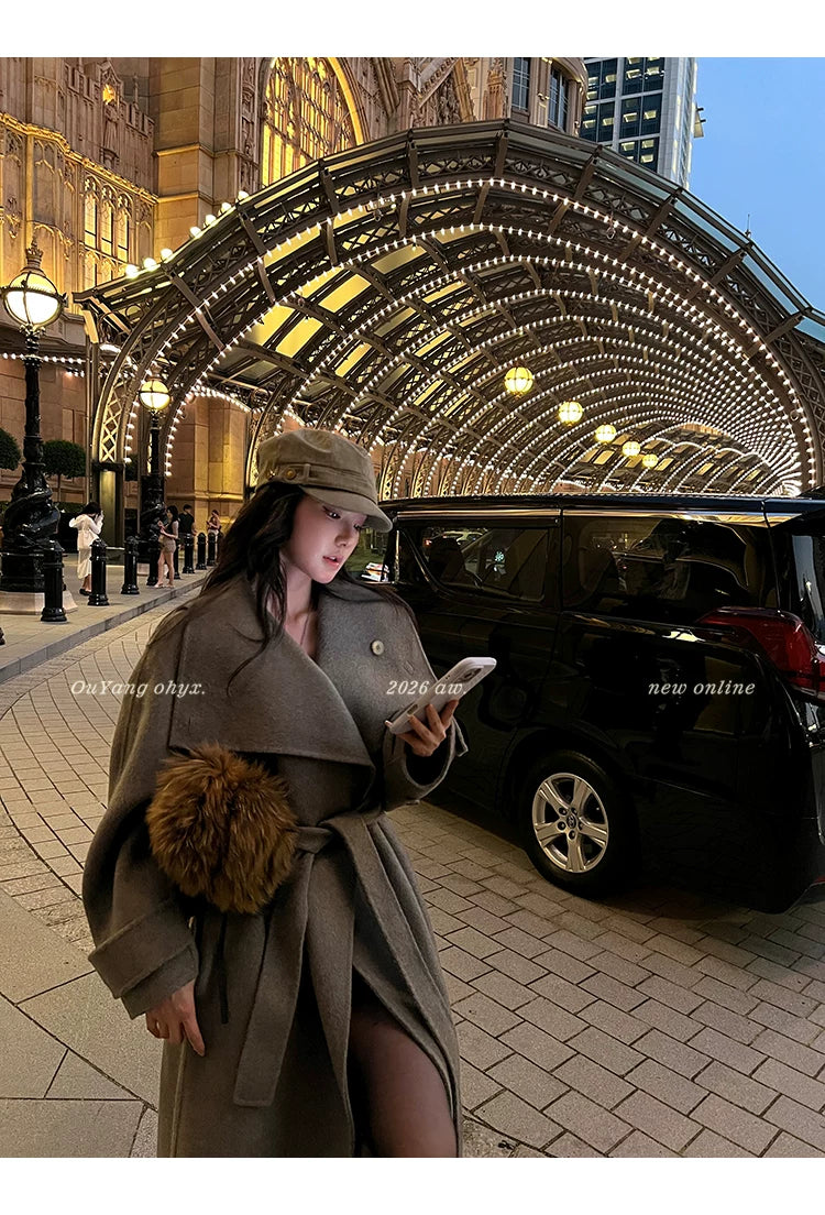 QuQuOuYang - 100% Wool Double-Face Belted Coat with Convertible Collar