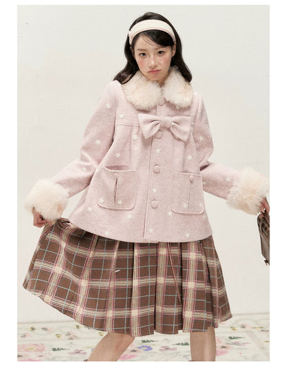RF - Peach Pink Ombre Faux Fur Collar Wool-Look Jacket with Star Embroidery