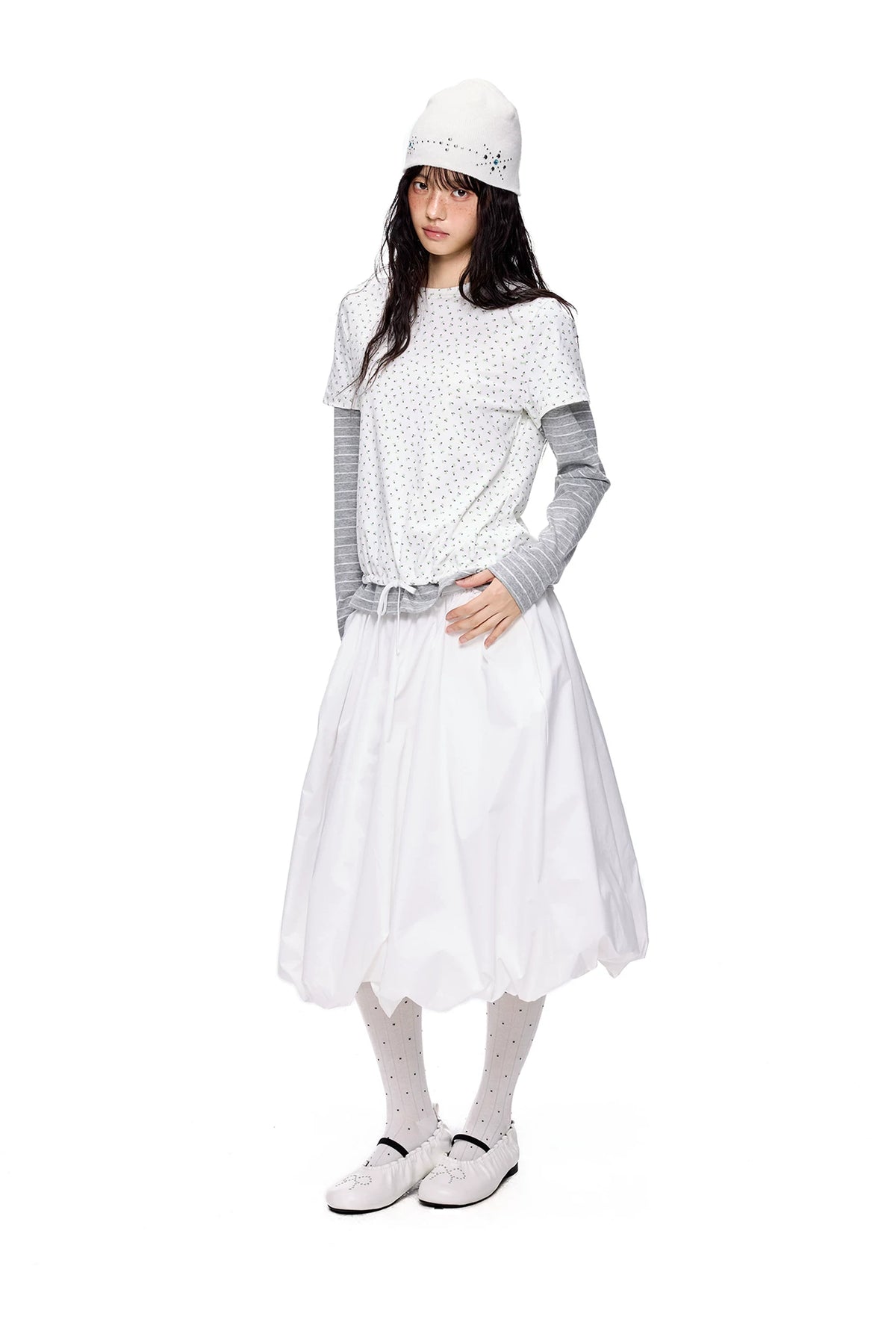 EZEK | Cloud Flower Bubble Skirt A-Line Midi (Black / White / Tan / Gray)