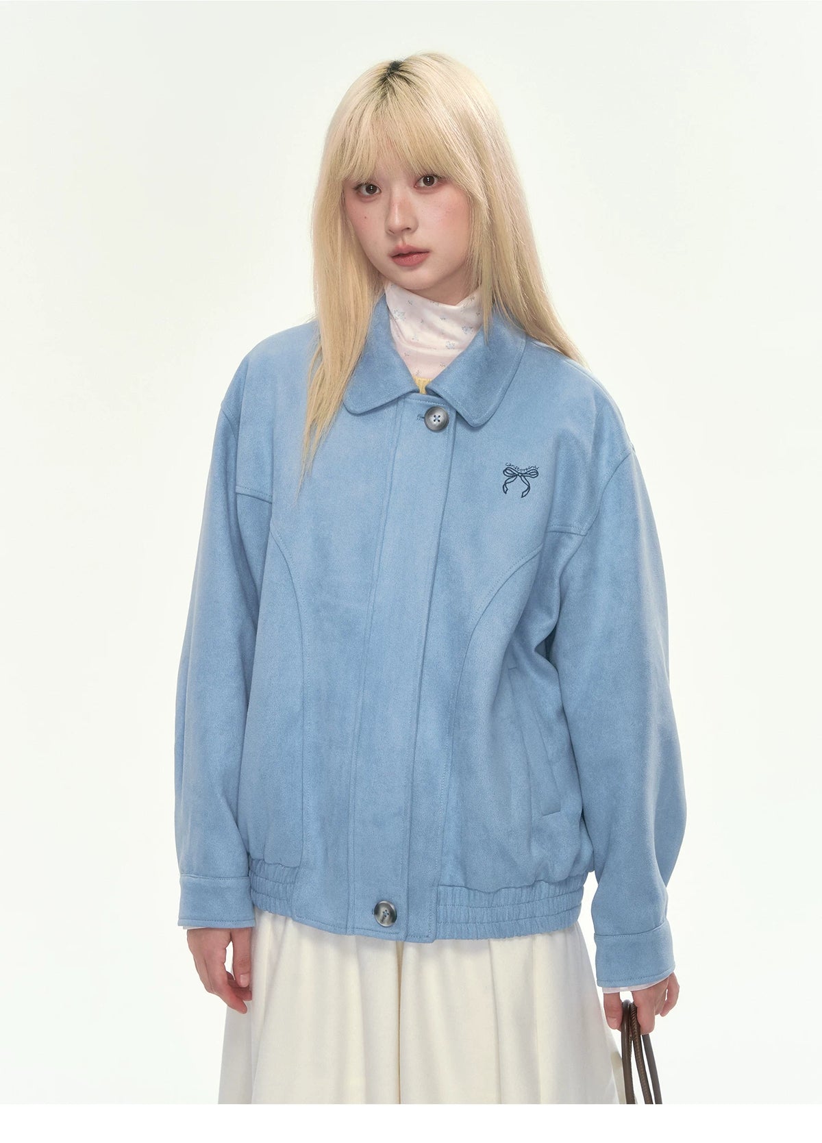 [CAN] Dusty Blue Suede Bow Embroidery Jacket