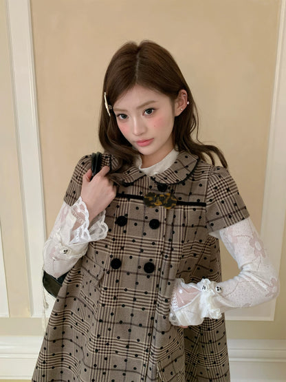 “Hazel Rococo Reverie” Khaki Plaid Polka Dot Dress