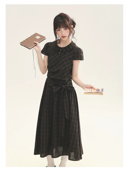 "Vintage Scholar" Black Brown Plaid Bow Tie Peter Pan Collar Maxi Dress