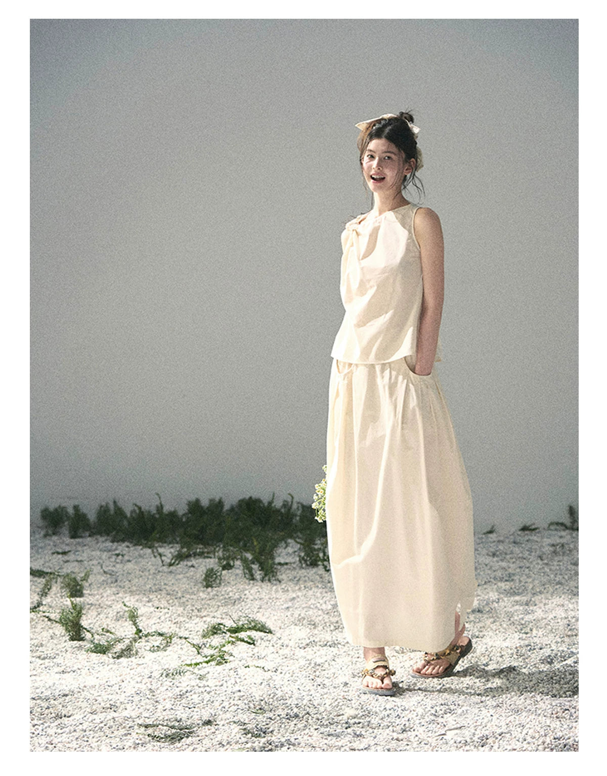 “Ivory Pleated Verse” Soft White Asymmetrical Twist Top & Skirt