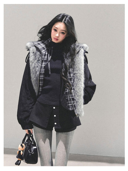 少也眼 "Endless Freedom" Detachable Faux Fur Layered Black Jacket