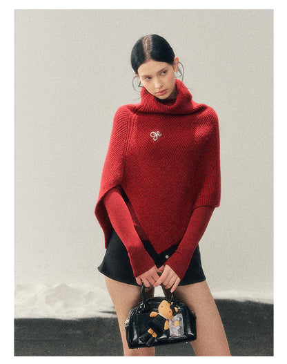 181225 "Late Autumn Ginkgo" Burgundy High-Neck Knit Cape Set