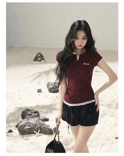 "Letter from the Tides" Burgundy Red Faux Two-Piece Lace Waist-Fit Crop Top 452436
