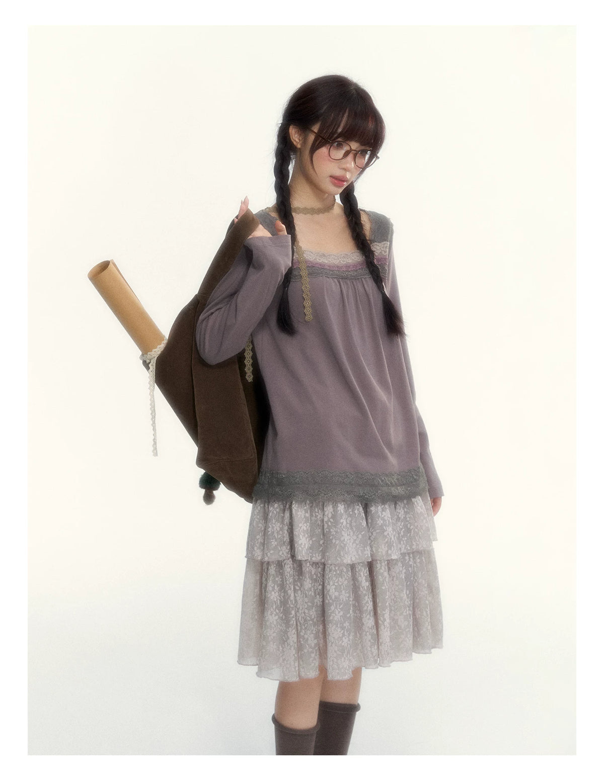 Gray Purple Lace-Trimmed Square-Neck Long-Sleeve T-Shirt