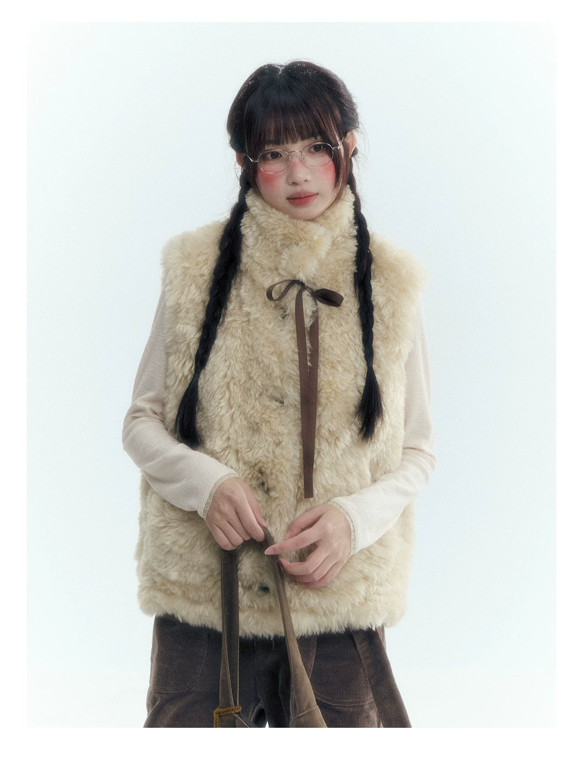 Horridale - Cream Beige Reversible Knit Vest with Detachable Bow