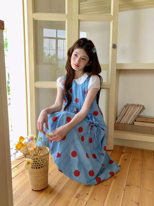 [RF] “Sea Salt Berry” Blue Polka Dot Textured Dress