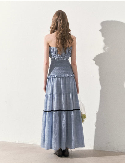 "Twilight Verses" Misty Blue Smocked Ruffle Maxi Dress