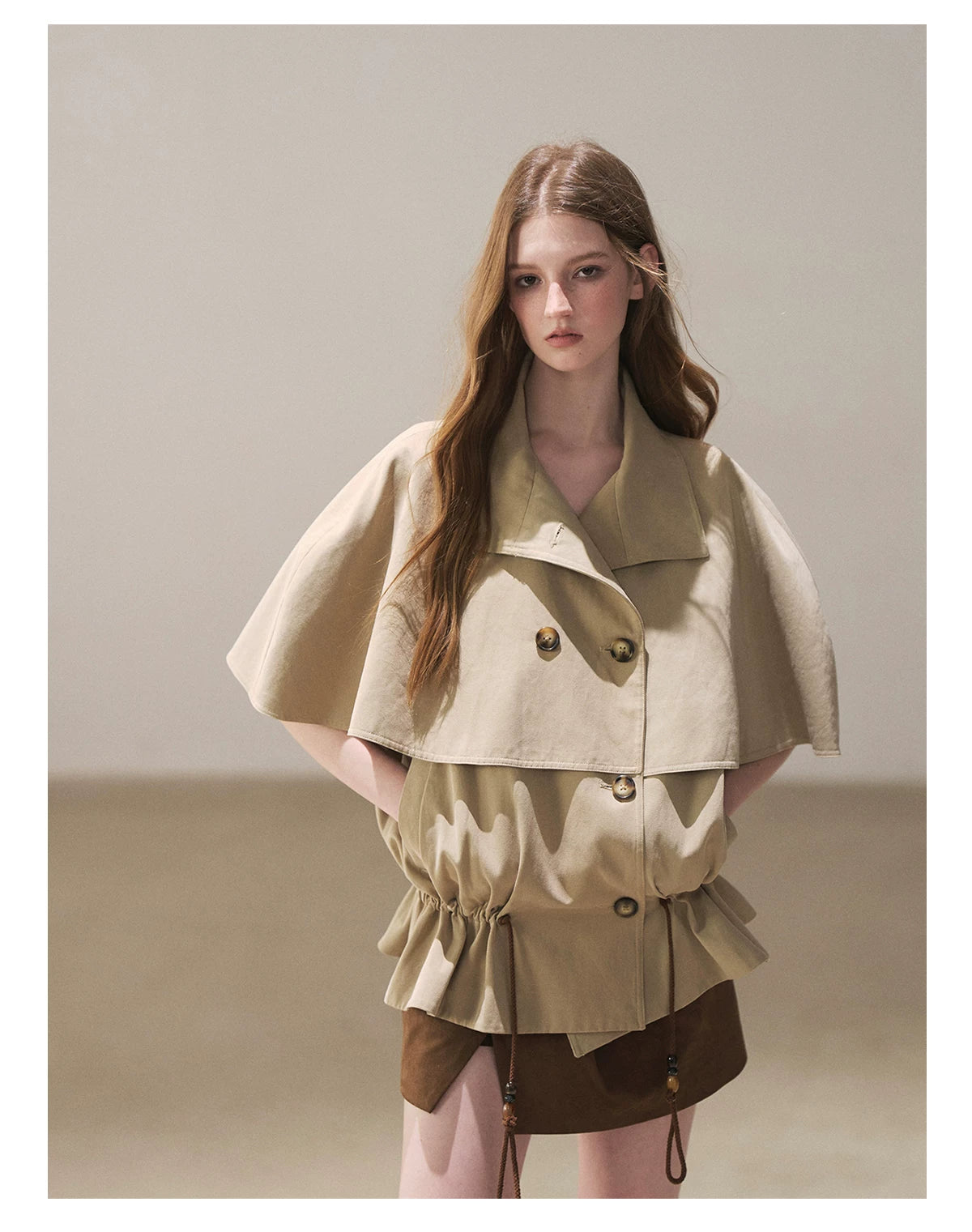 AOMALM - "Through the Oak Grove" Almond Taupe Cape Coat with Drawstring
