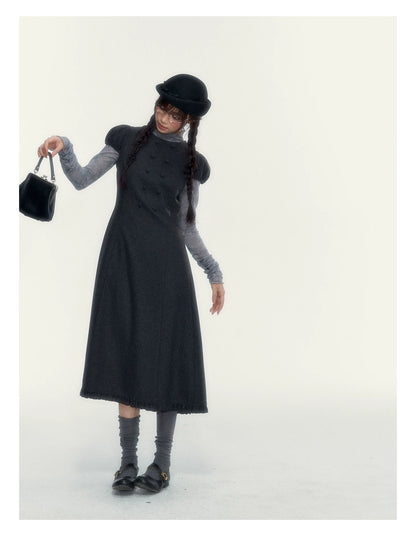 Vintage Double-Breasted Wool Dress & Knit Fringe Cape Set