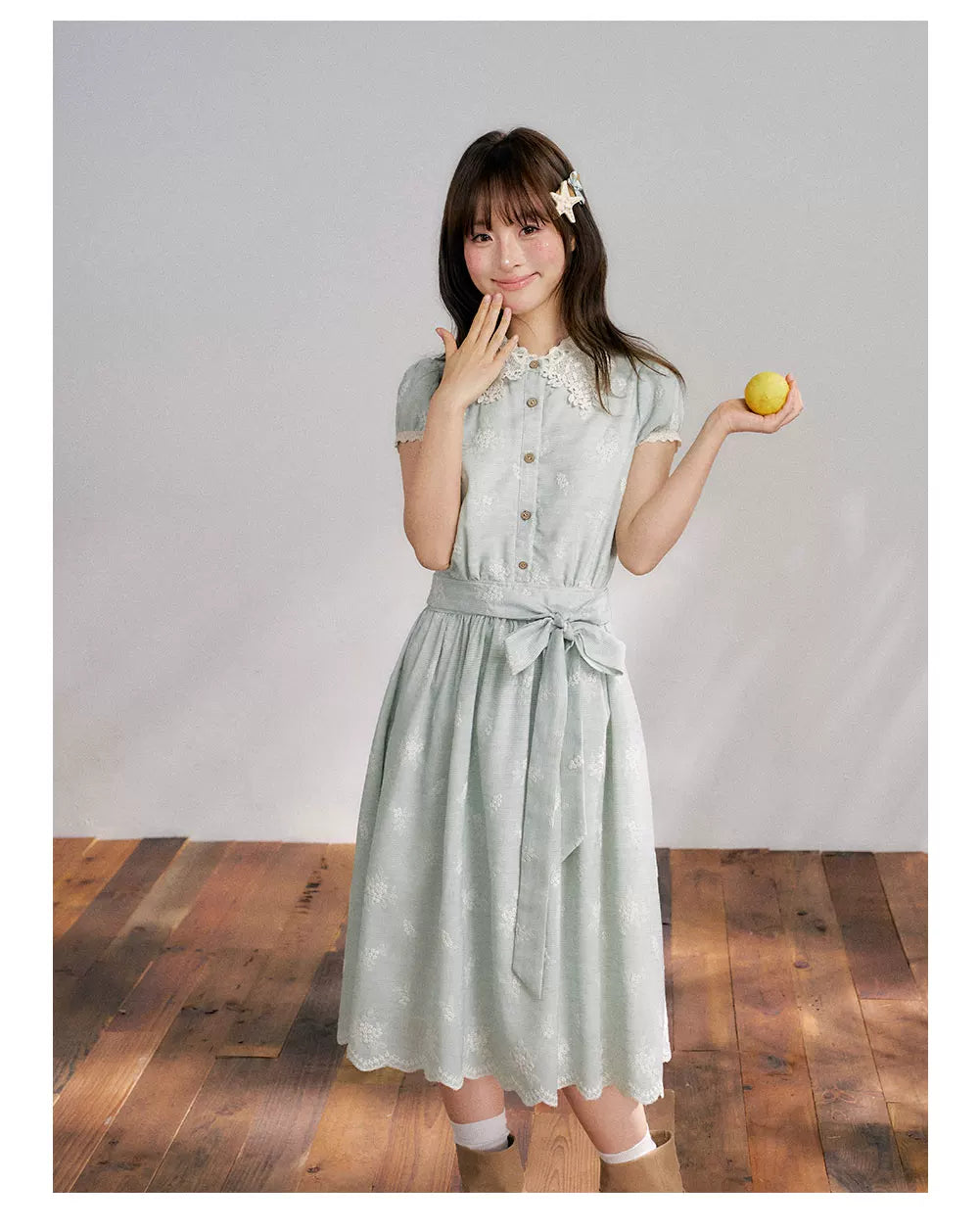 “Sage Meadow Reverie” Sage Green Embroidered Shirt Dress