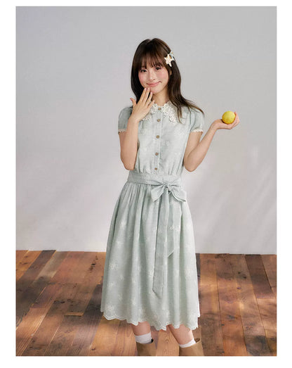 “Sage Meadow Reverie” Sage Green Embroidered Shirt Dress
