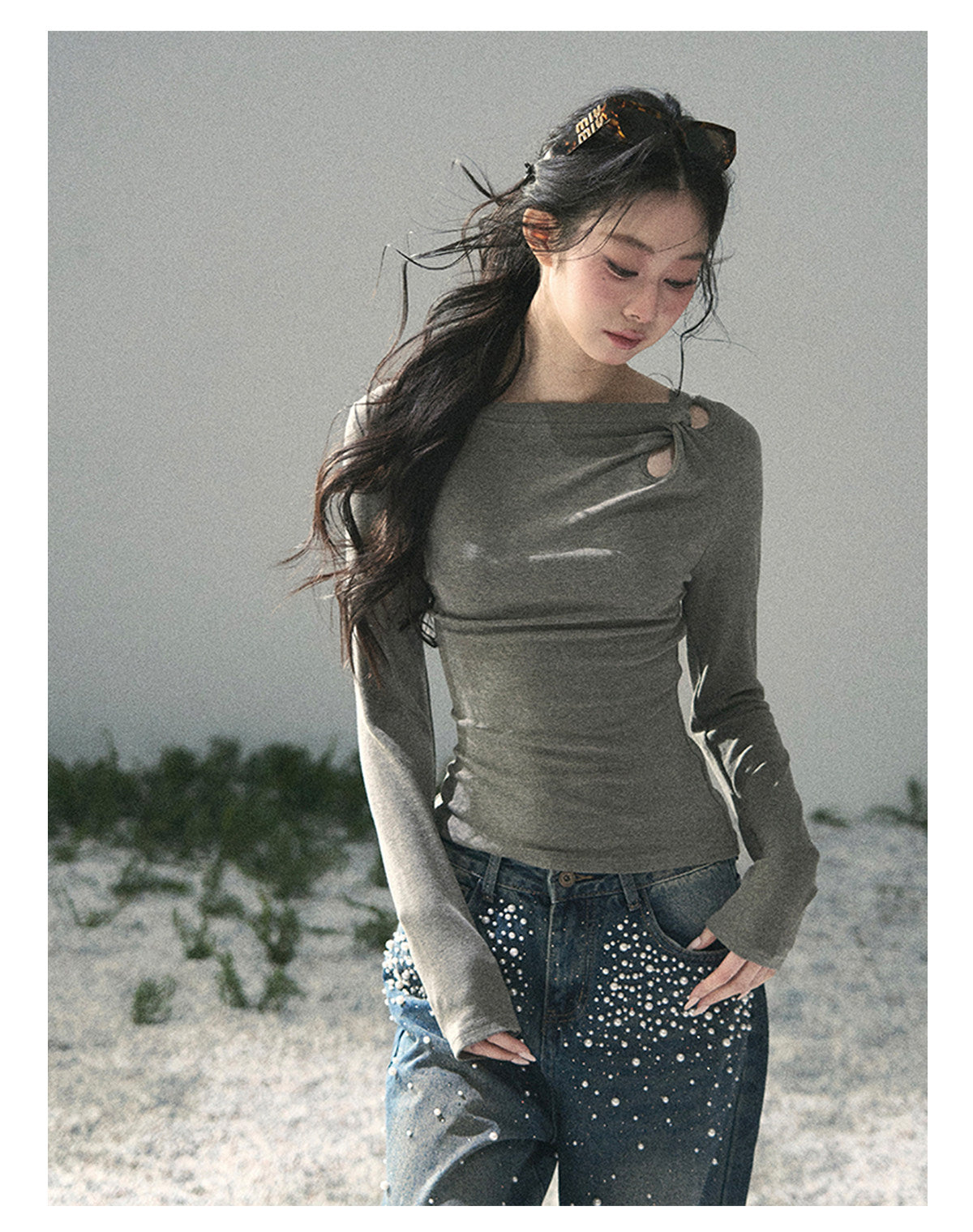“Silent Verse” Ash Gray Asymmetrical Twist Top