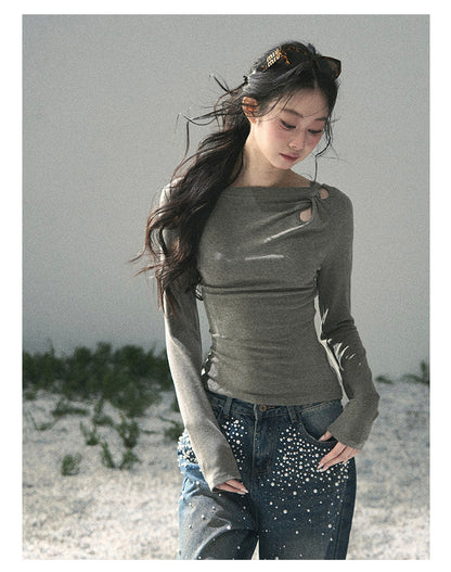 “Silent Verse” Ash Gray Asymmetrical Twist Top