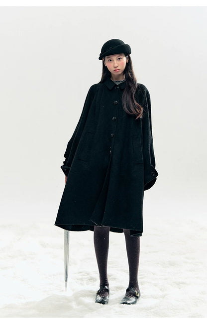 "Black & White Waltz" Hand-Stitched Wool-Blend Swing Coat (Ivory/ Black)