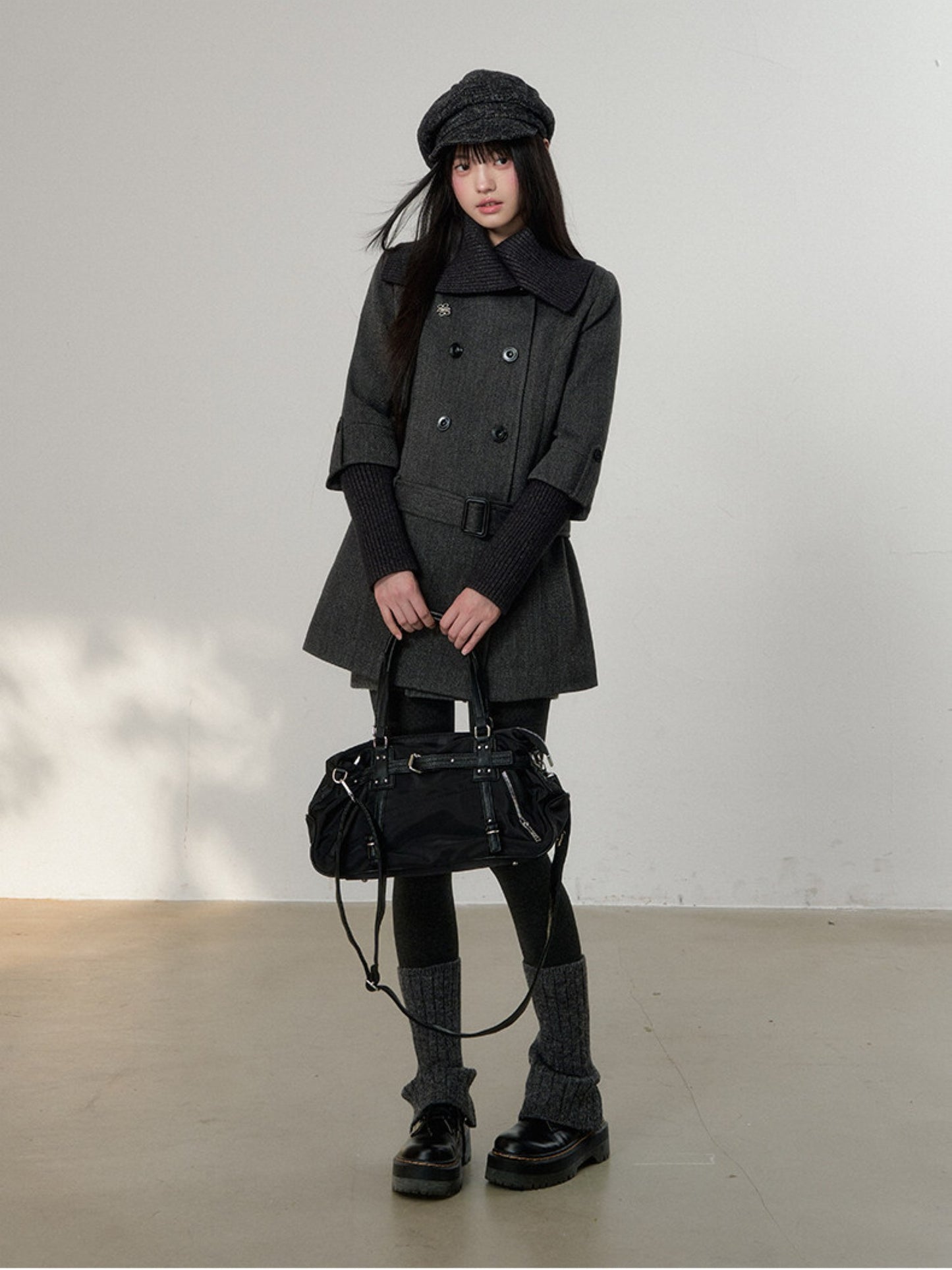 Soote Season - British Deep Gray Knit-Collar Wool-Blend Long Dress