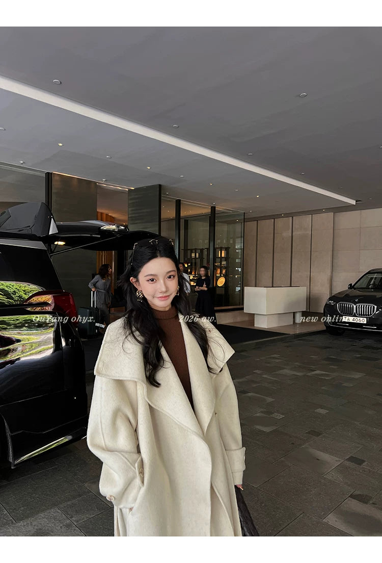 QuQuOuYang - 100% Wool Double-Face Belted Coat with Convertible Collar