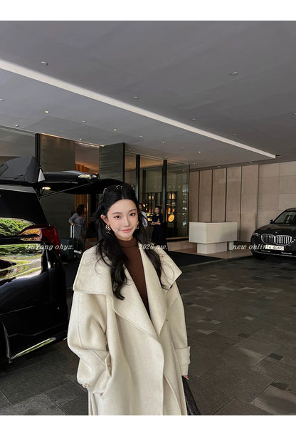 QuQuOuYang - 100% Wool Double-Face Belted Coat with Convertible Collar