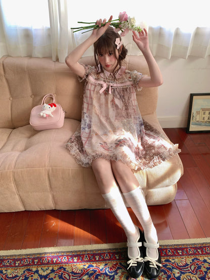 [RF] “Vintage Storybook” Light Brown Tea Patchwork Print Mini Dress