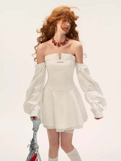 MAMC - Plaid Lantern Sleeve Corset Dress (White)