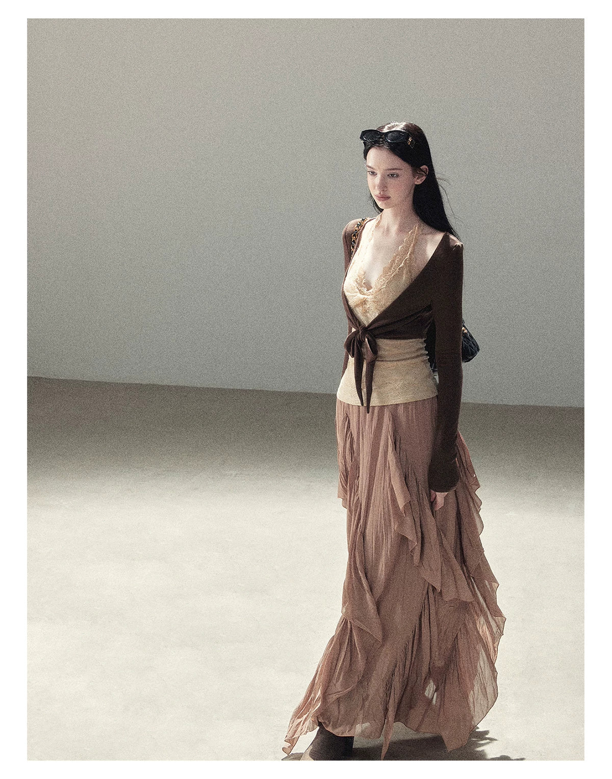 AOMALM - "Tender in This Moment" Rich Cocoa Faux Two-Piece Lace Top
