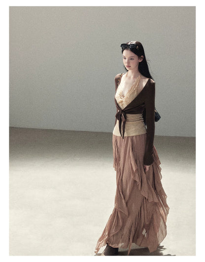 AOMALM - "Tender in This Moment" Rich Cocoa Faux Two-Piece Lace Top