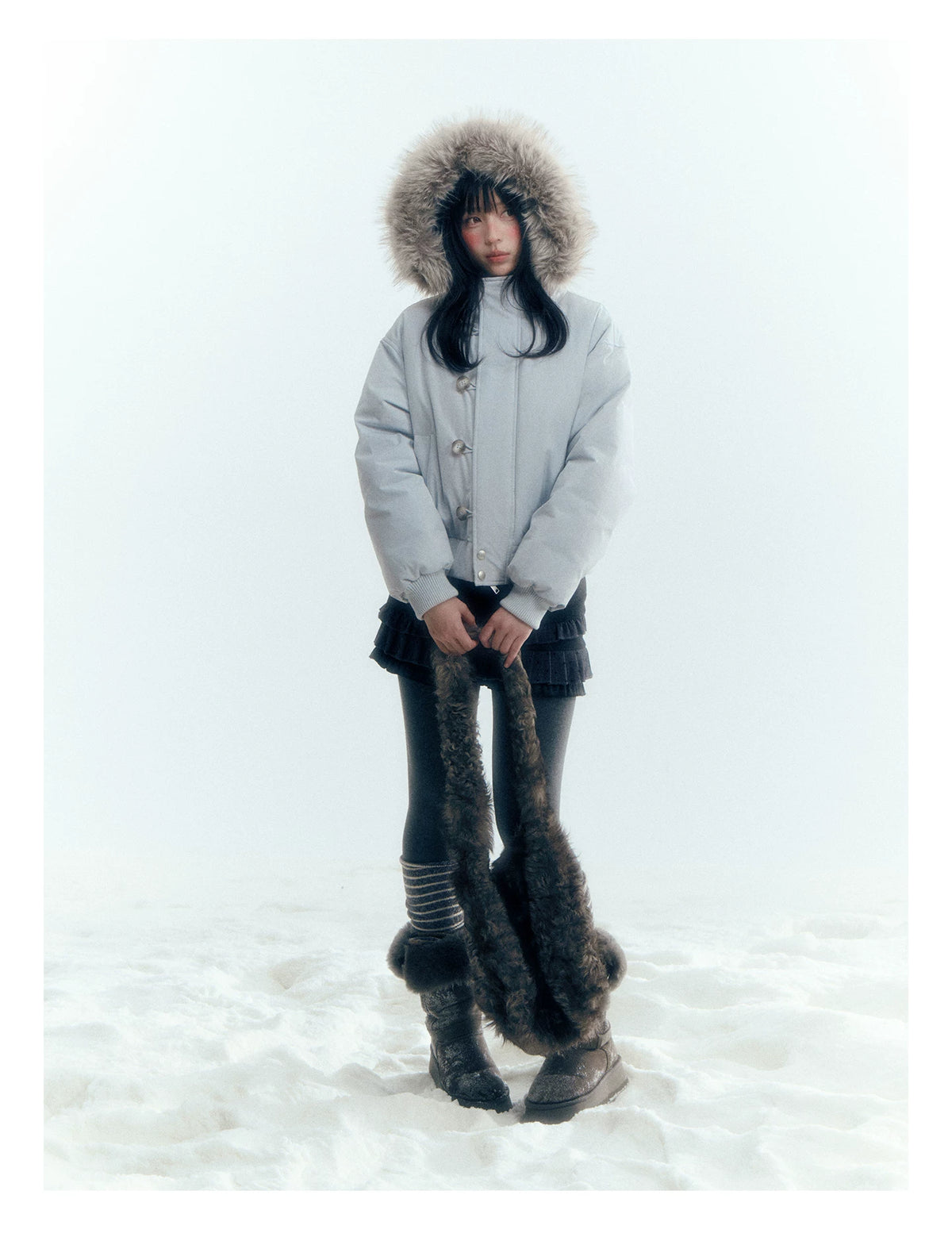 Horridale - Mist Blue Hooded Down Jacket with Detachable Faux Fur Collar