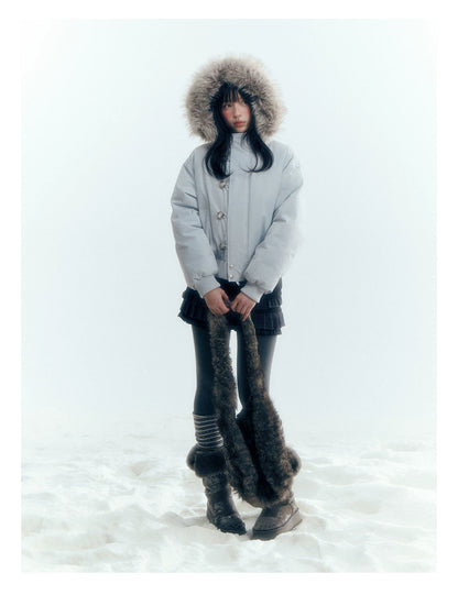 Horridale - Mist Blue Hooded Down Jacket with Detachable Faux Fur Collar