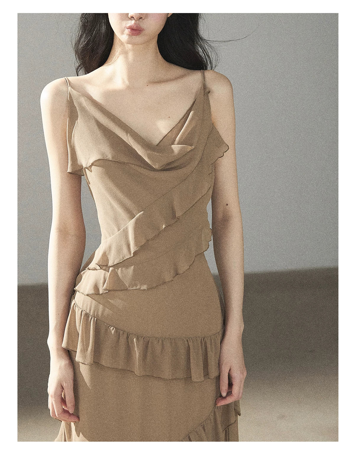 AOMALM - Cinnamon Gray-Brown Ruffle Chiffon Maxi Dress