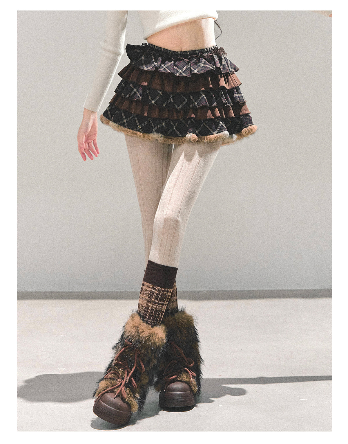少也眼 “Melard Poem” Plaid Layered Brown Mini Skirt 8455211