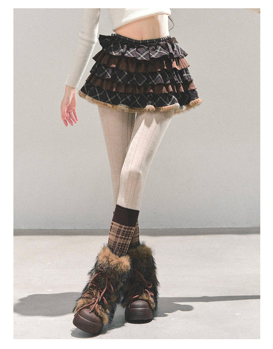 少也眼 “Melard Poem” Plaid Layered Brown Mini Skirt 8455211