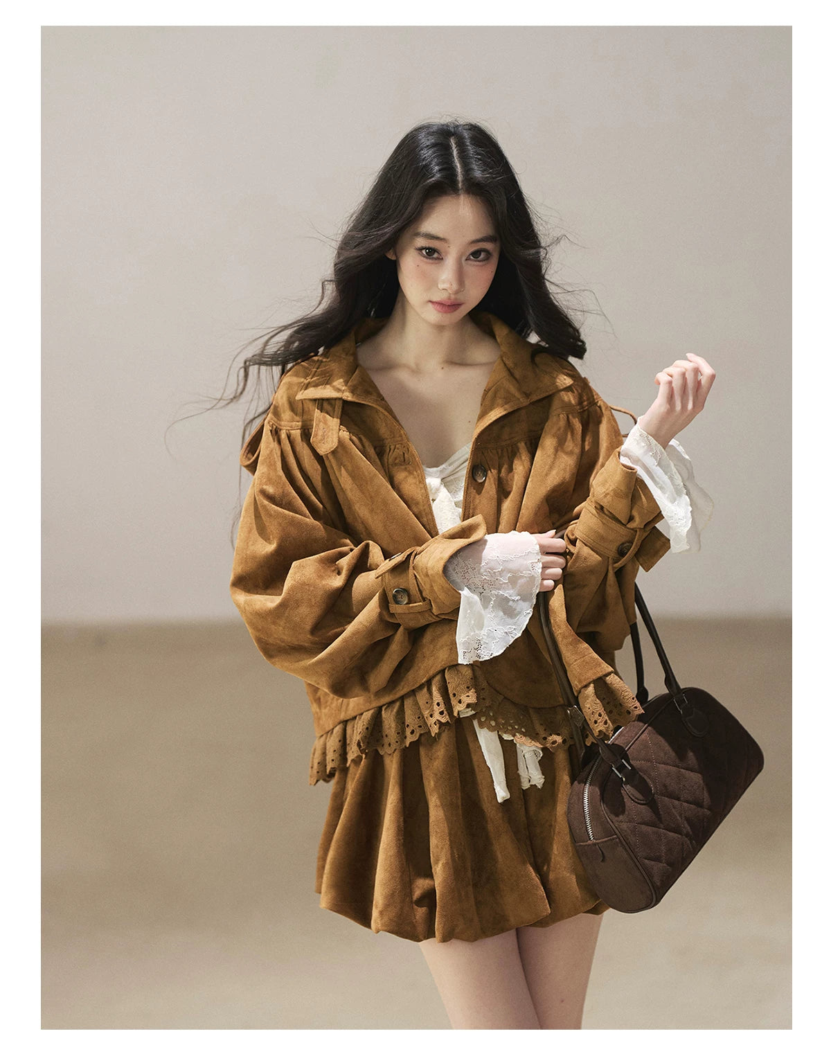 AOMALM - "Wind Through the Valley" Toasted Pecan Brown Faux Suede Jacket & Mini Skirt Set