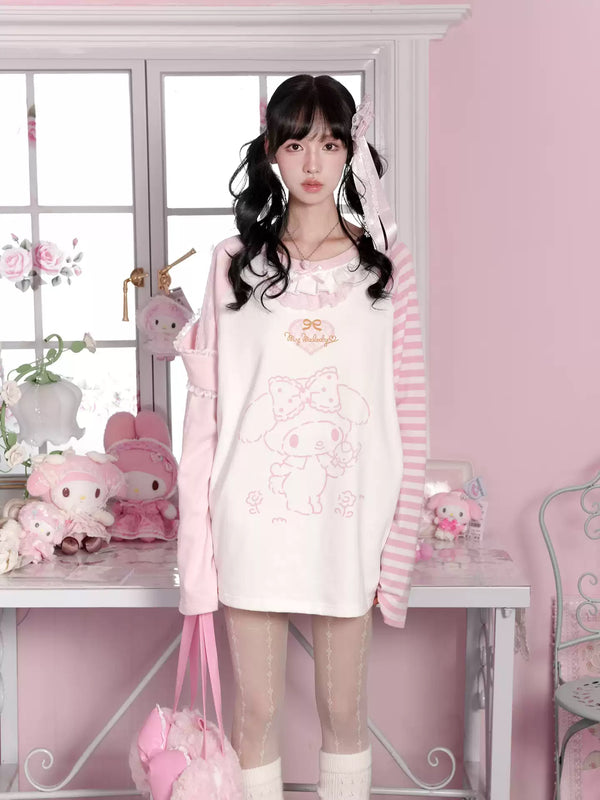 KYOUKO - Pink & White My Melody Ruffle-Trim Raglan Long-Sleeve T-Shirt