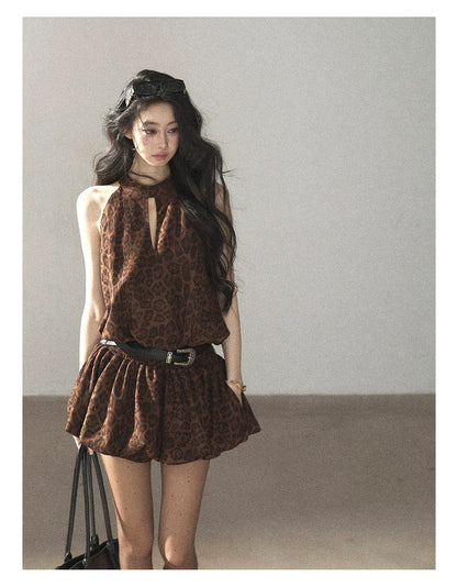 AOMALM - Merlot Leopard Print Bubble Sleeve Dress with Vintage Belt
