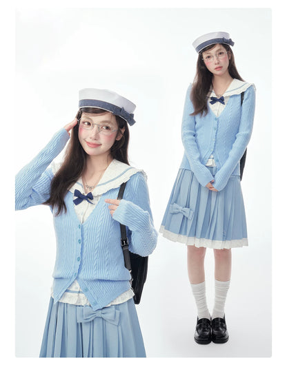 Sleeveless Polka Dot Sailor Collar Shirt & Light Blue Contrast-Trim Skirt