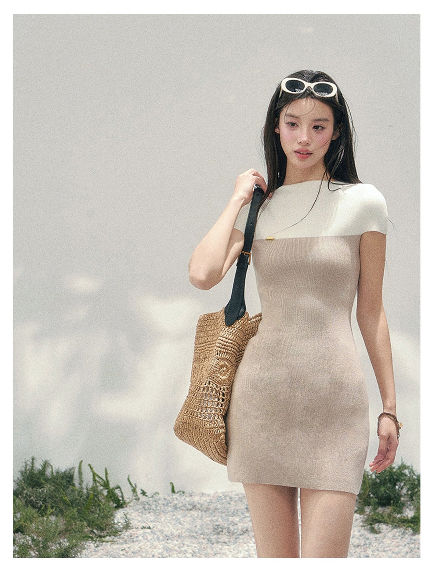 少也眼 “Ivory Moon Residence” Oatmeal Faux Two-Piece Knit Bodycon Dress 138