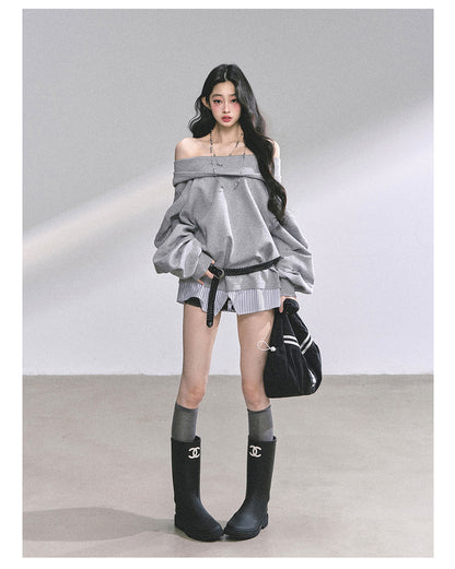 少也眼 ""Yale-Inspired Girl" Faux-Layered Oversized Hoodie with Belt 4536486