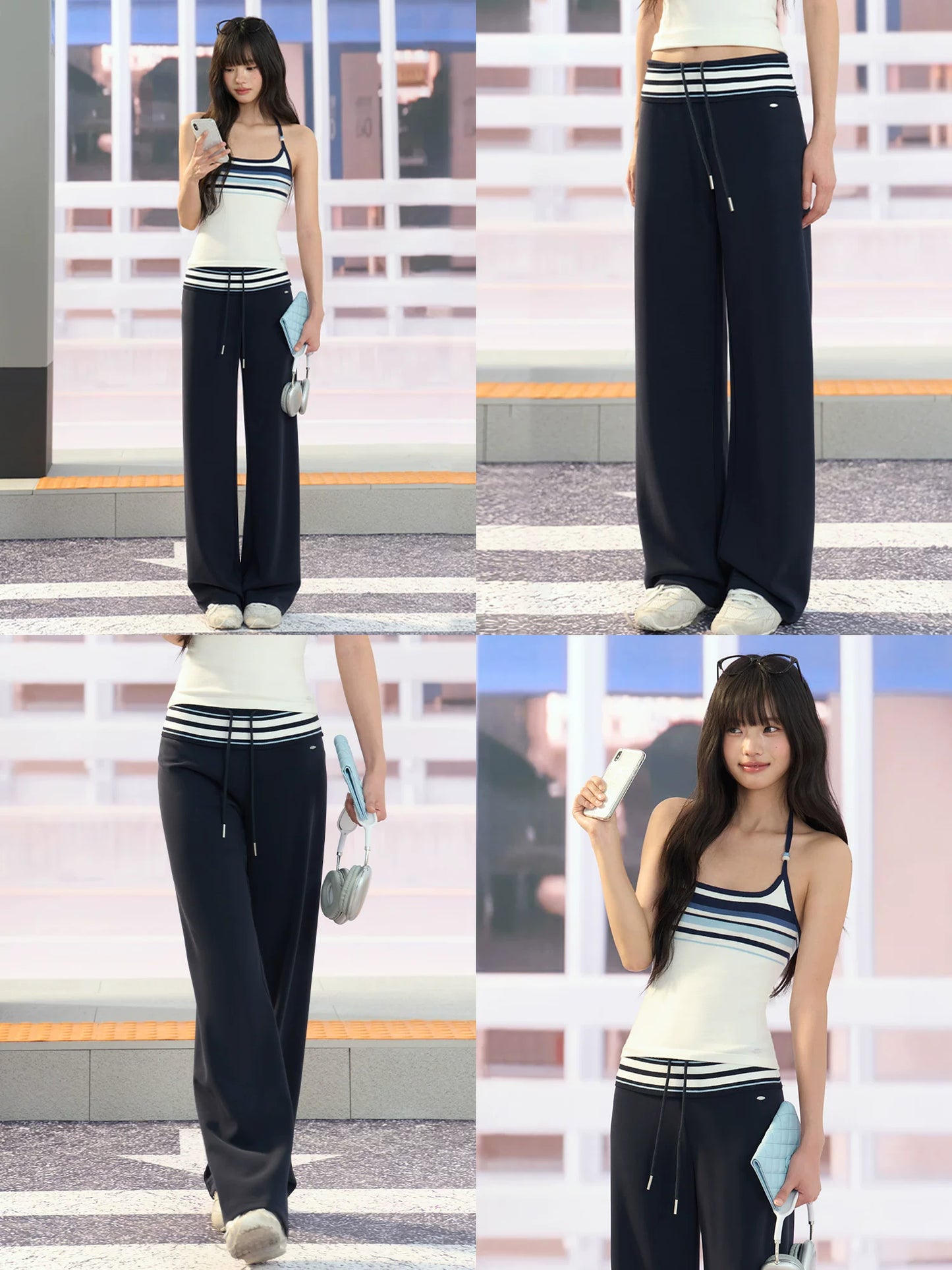 "Effortless Departure" Navy Drawstring Wide-Leg Pants